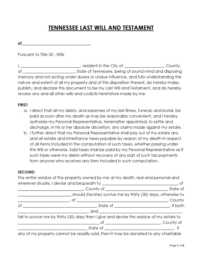 Free Tennessee Last Will And Testament Forms PDF Word 