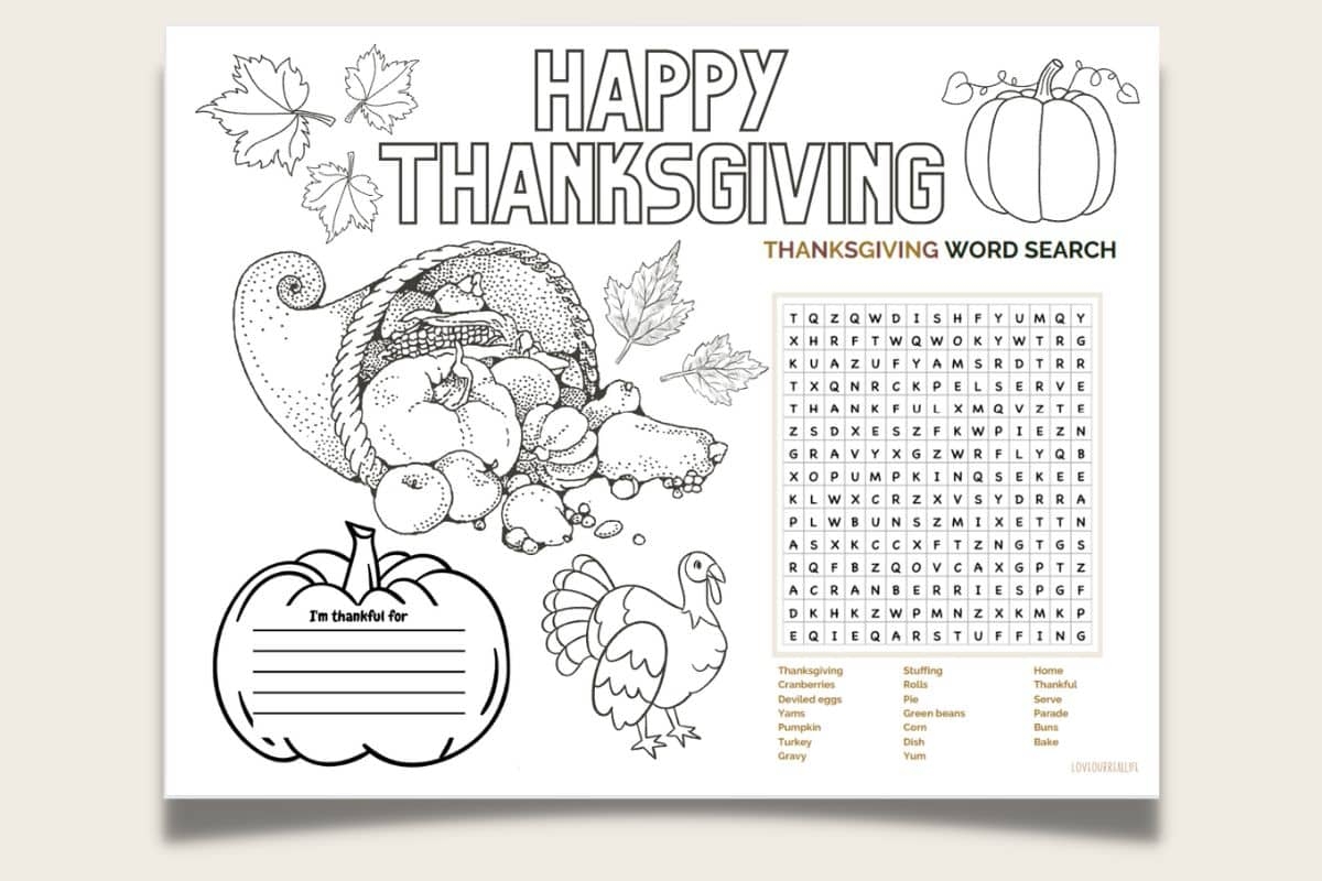 FREE Thanksgiving Printable Placemats Coloring Page For Kids 