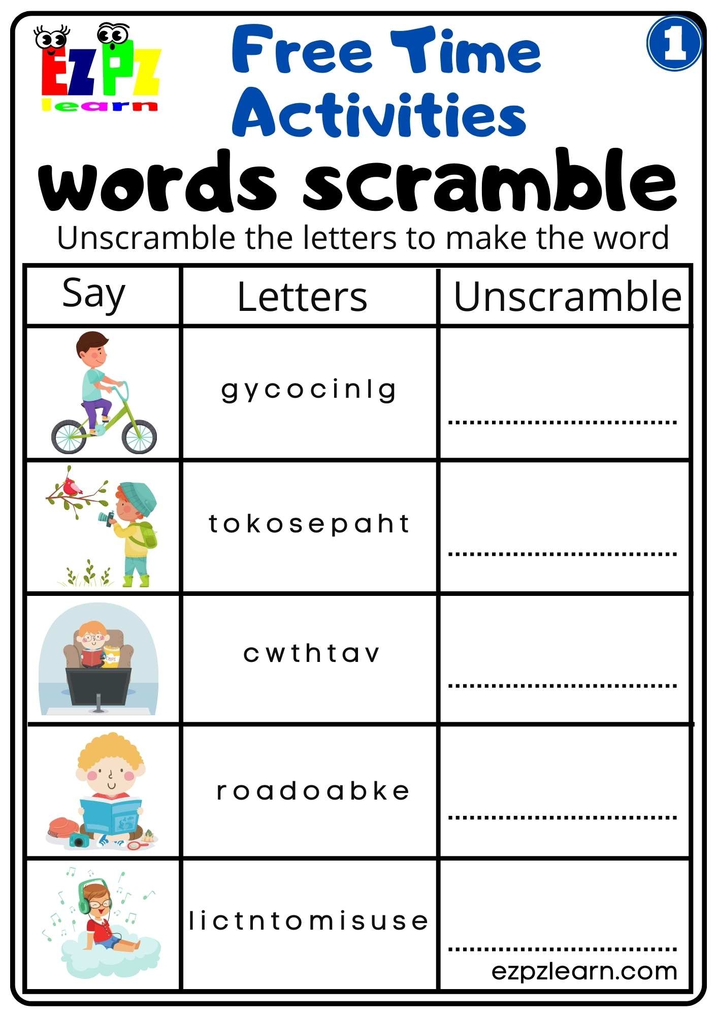 Free Time Activities Easy Word Scramble Worksheet Activity For 