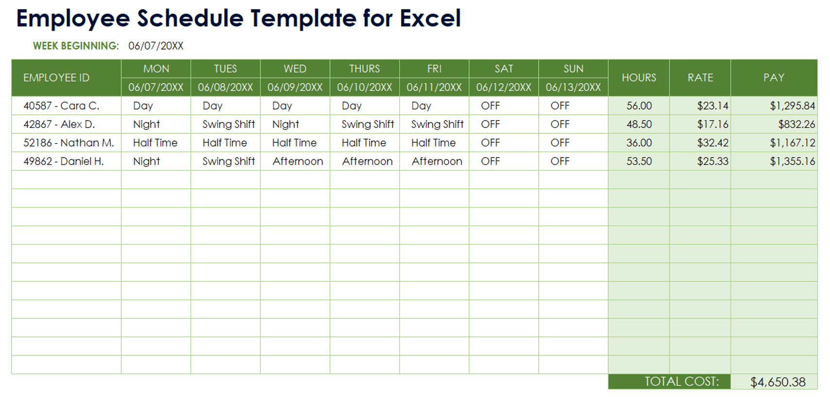 fake work schedule template