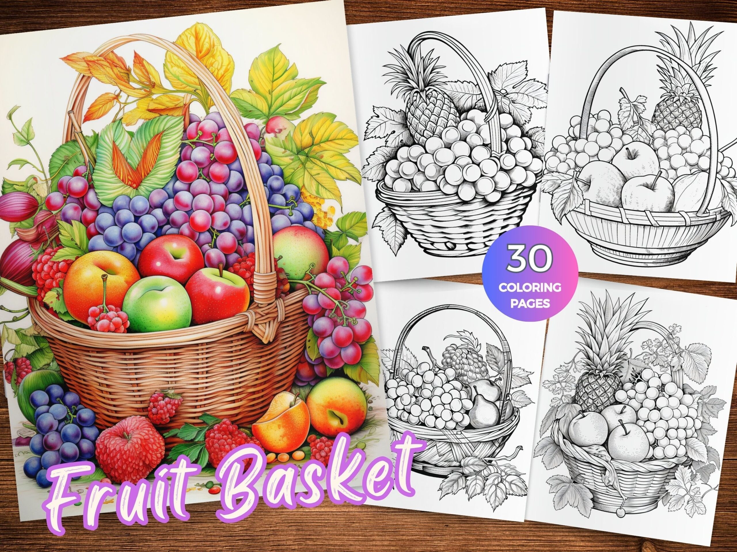Fruit Basket Coloring Pages For Adults Juicy Fruit Coloring Sheets Farmers Market Coloring Book Featuring Fruit Baskets Grayscale Coloring Etsy