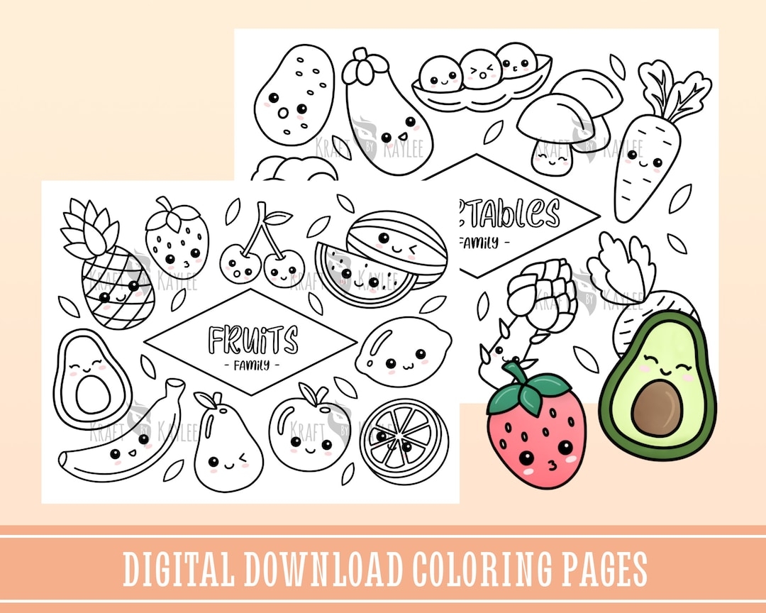 Fruits And Vegetables Coloring Pages set Of 2 Cute Kawaii Coloring Page For Kids And Adults School Coloring Instant Digital Download Etsy