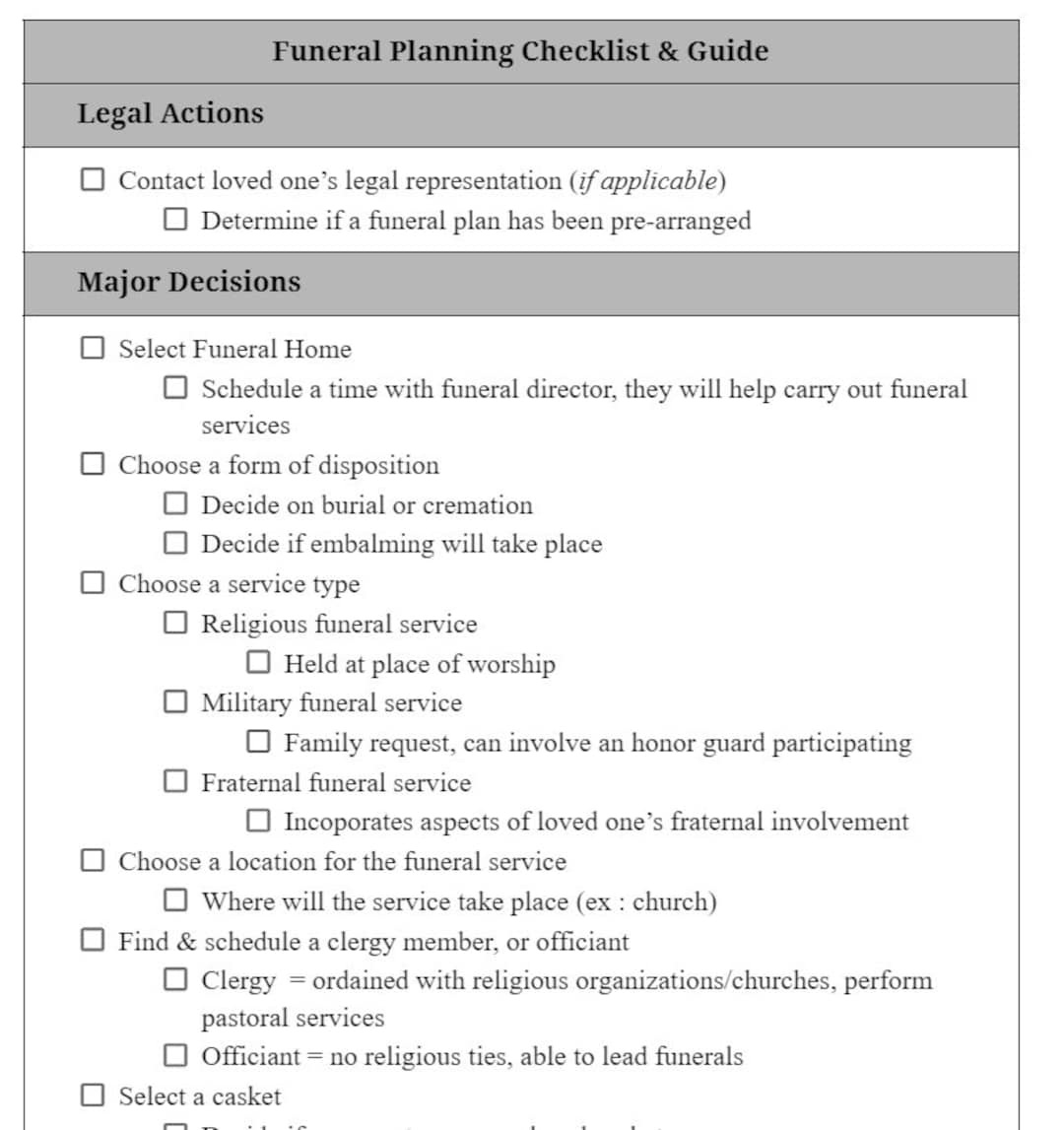 funeral planning worksheet