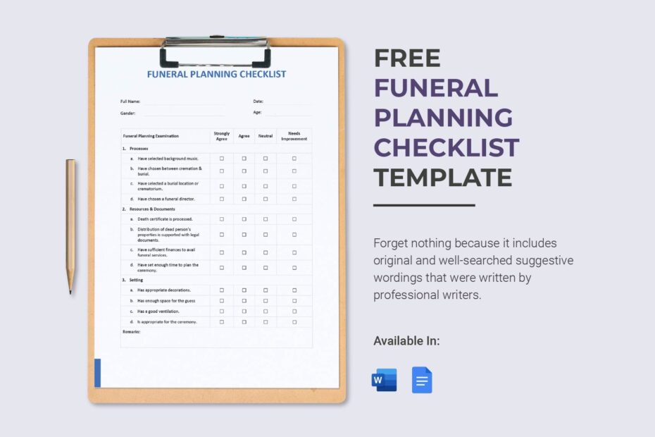 Funeral Planning Checklist Template In Pages Word PDF Google Docs Download Template