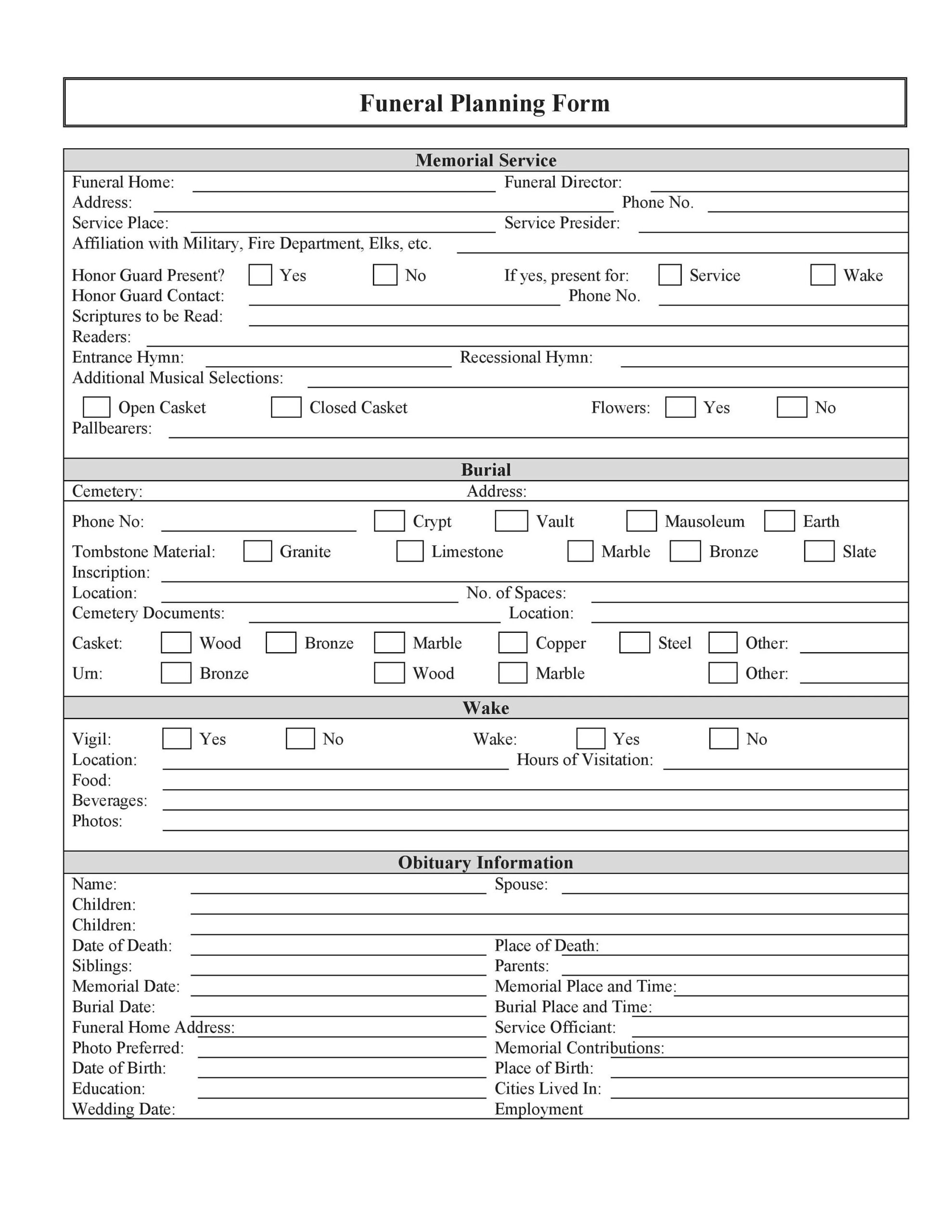 funeral planning checklist template