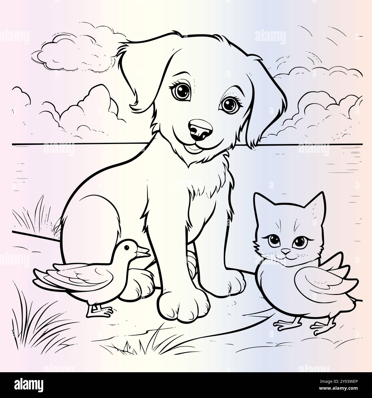 Funny Kitten Duck Dog And Cat Coloring Pages Drawing For Kids Stock Vector Image U0026 Art Alamy
