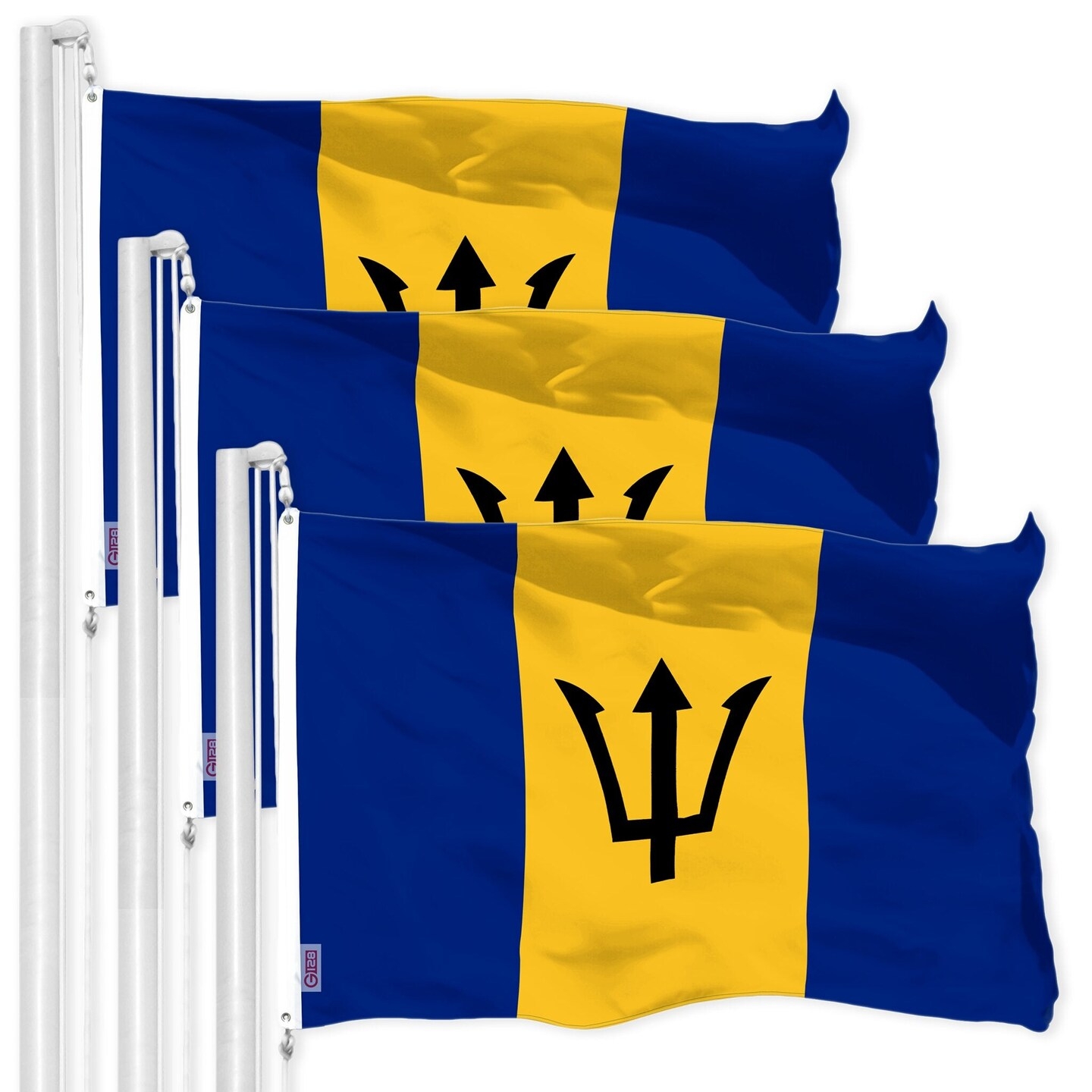 G128 3 Pack Barbados Barbadian Flag 3x5 Ft LiteWeave Pro Series Printed 150D Polyester Country Flag Indoor Outdoor Vibrant Colors Brass 