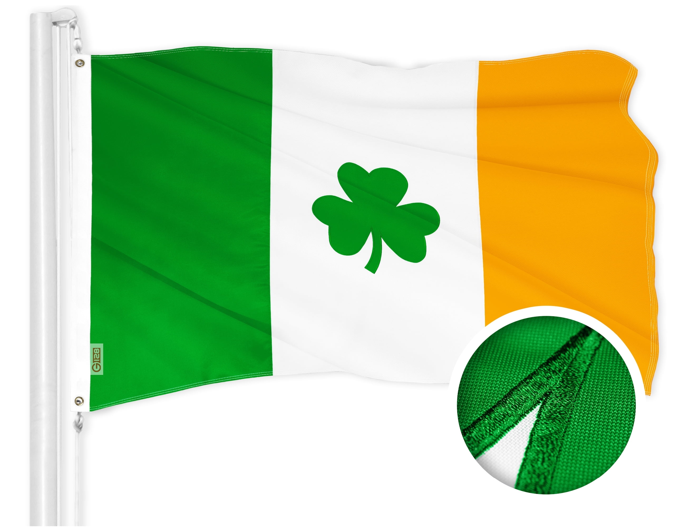 G128 Irish Flag Shamrock 3x5 Feet Embroidered Ireland Vibrant Colors Brass Grommets Quality Polyester