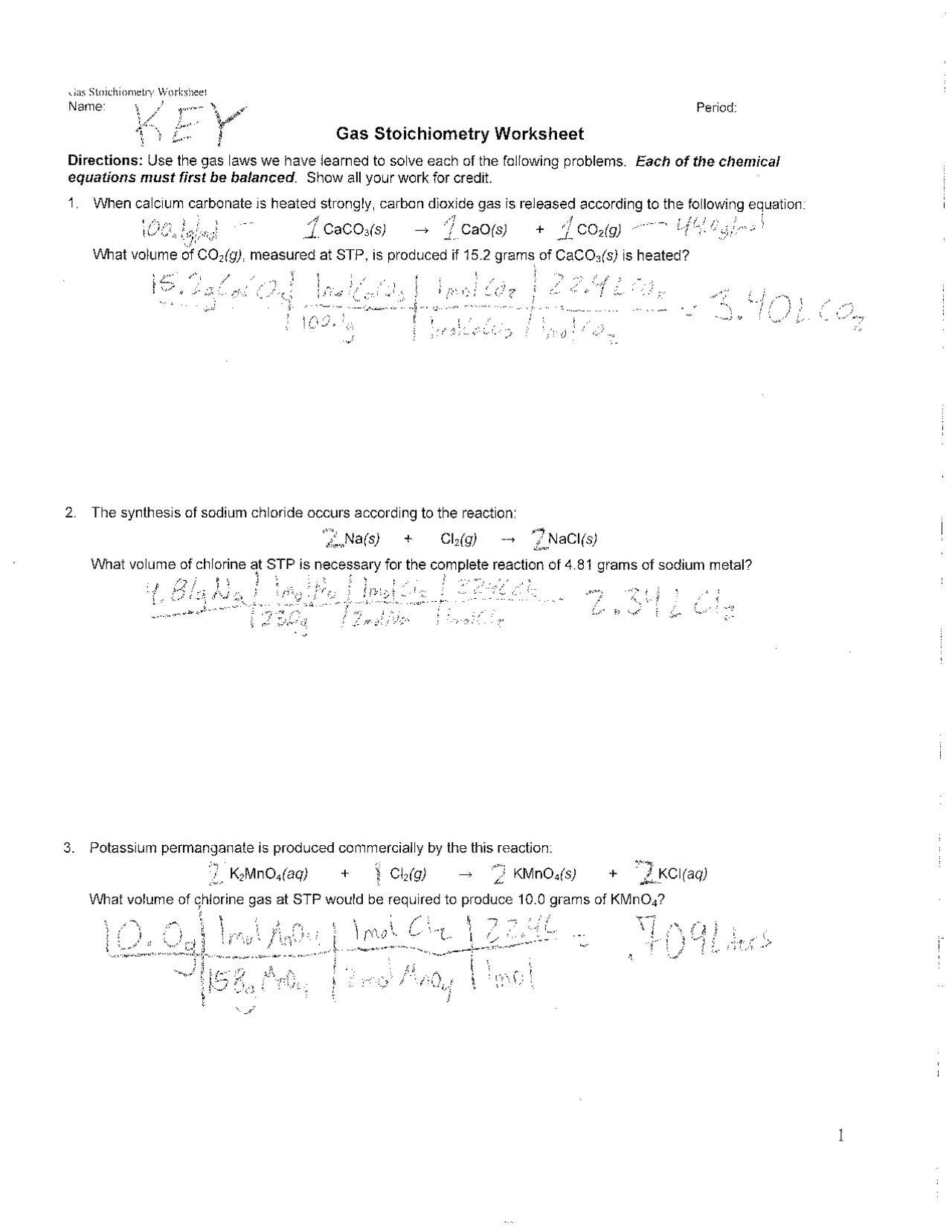 Gas Law Stoichiometry Worksheet Answer Key Exercises Chemistry Docsity