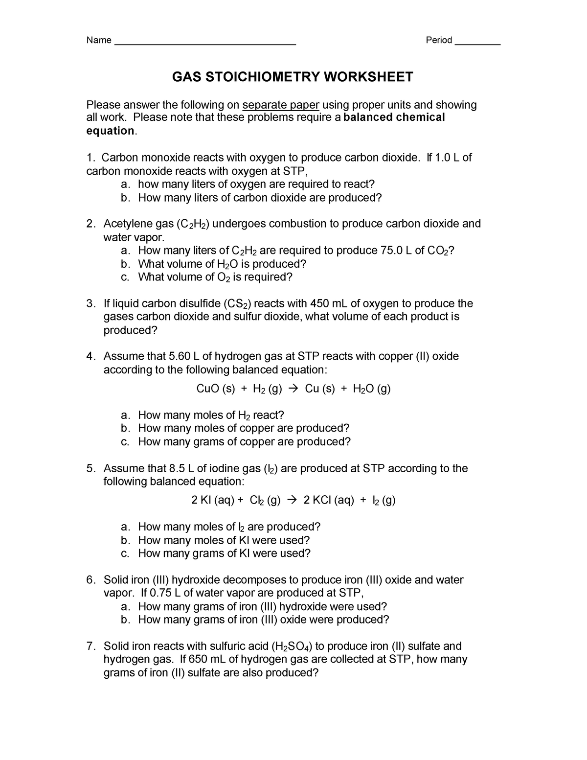 Gas Stoich Worksheet Solutions Name Period GAS Studocu Worksheets Library