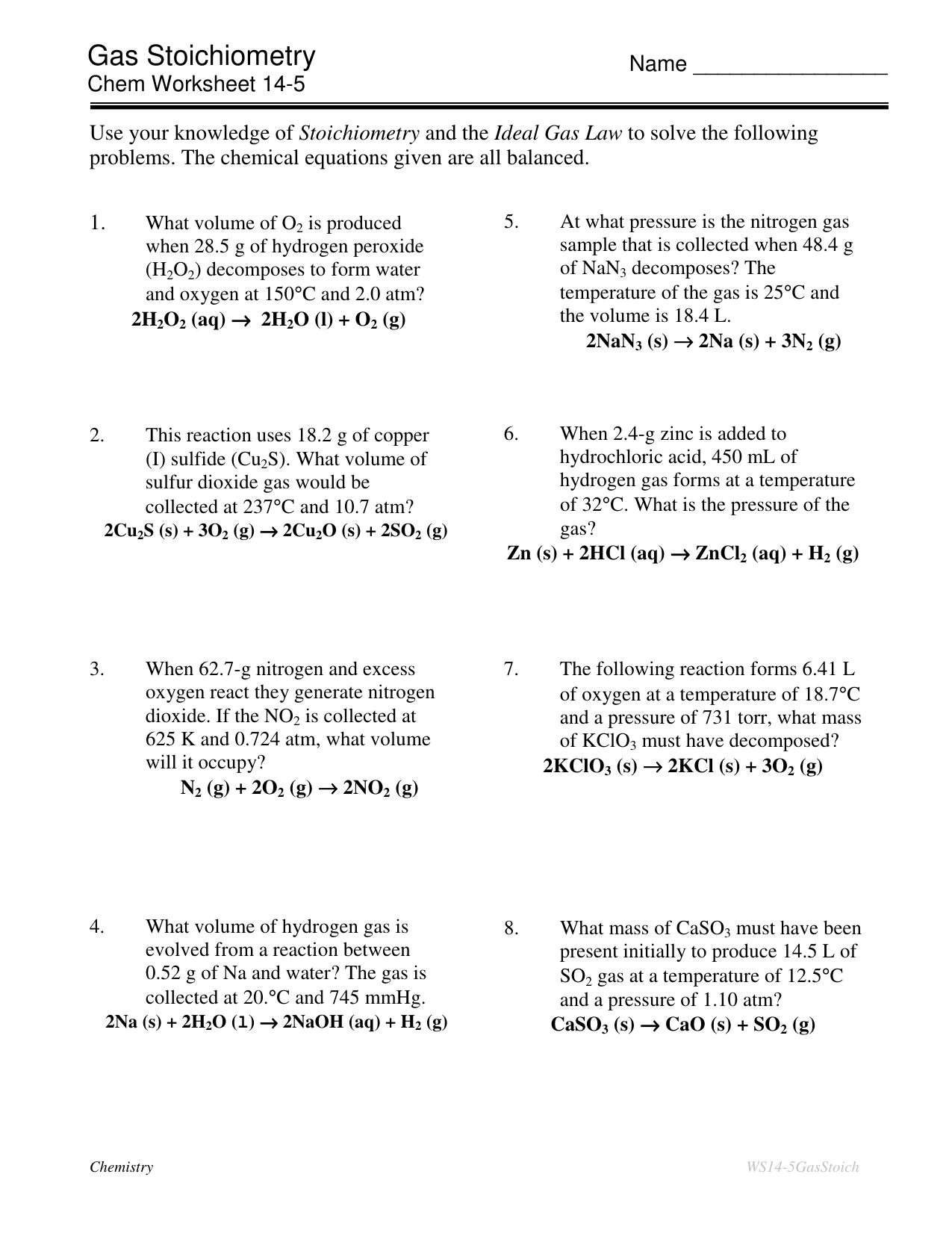 gas stoichiometry worksheet