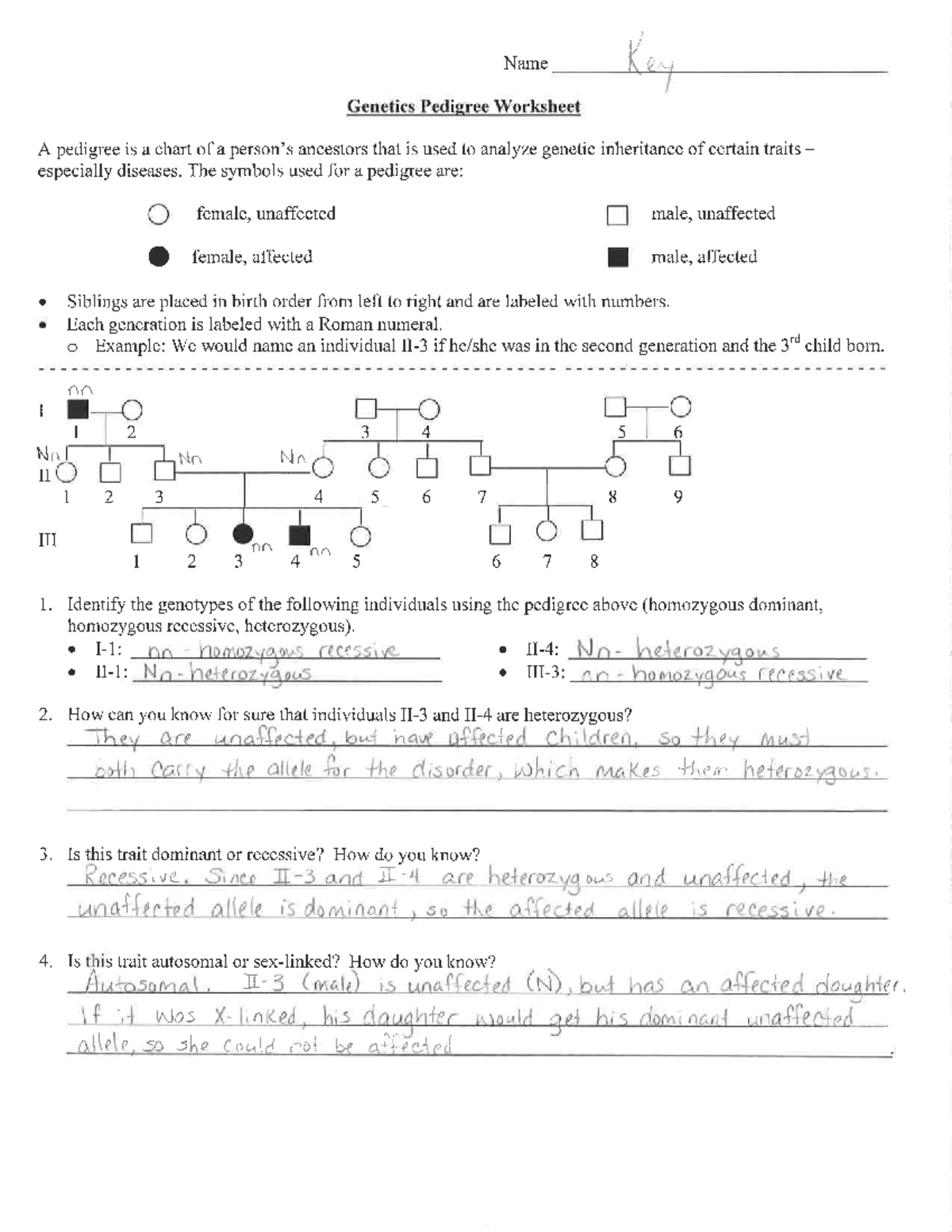 pedigree worksheet with answer key