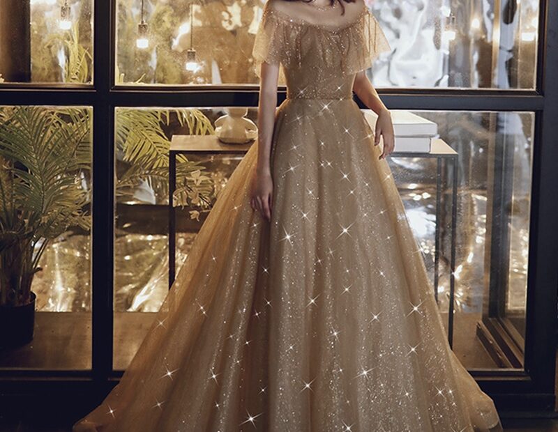 Gold Sequins Long Prom Dress Evening Dress