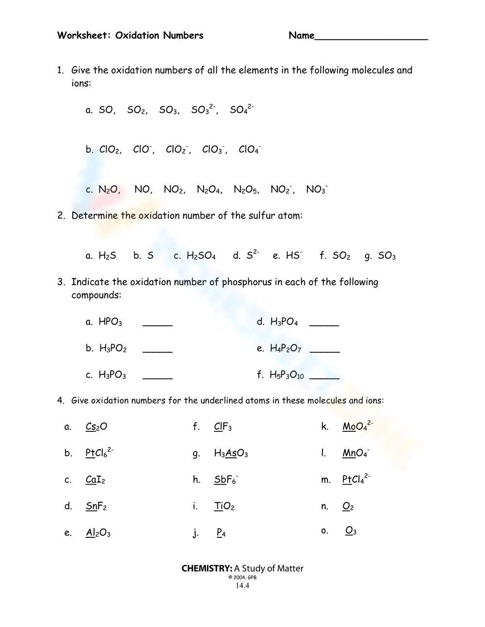 Grade 8 Assigning Oxidation Numbers Worksheets