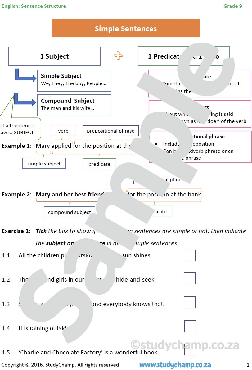 9th grade worksheets on sentence structure