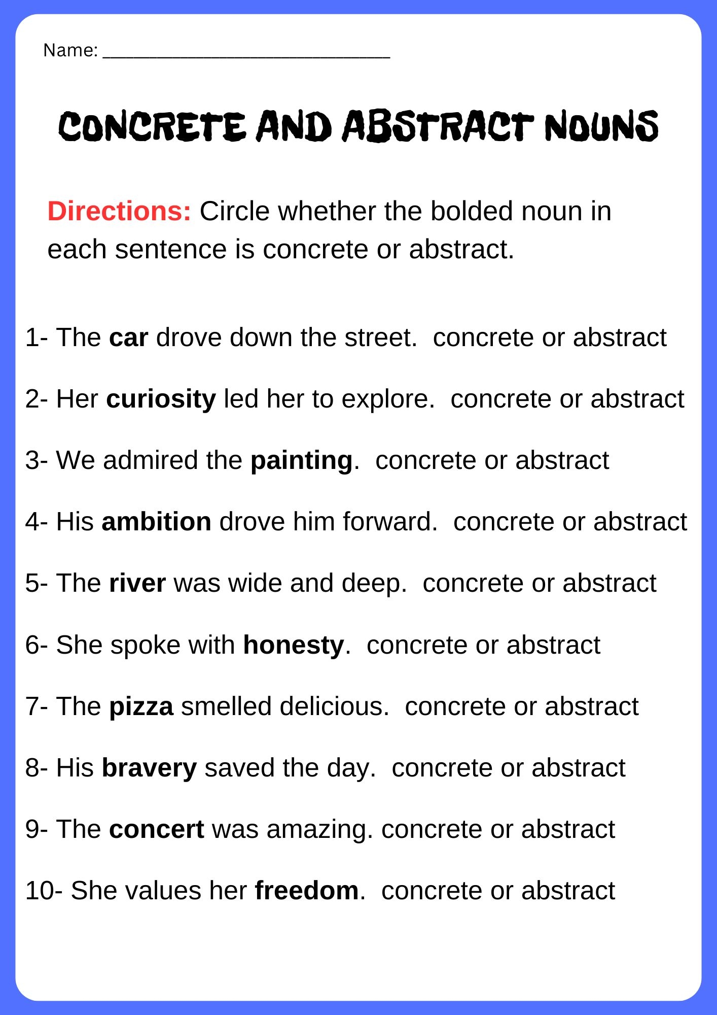 Grammar Activities Concrete And Abstract Nouns Worksheets Made By Teachers