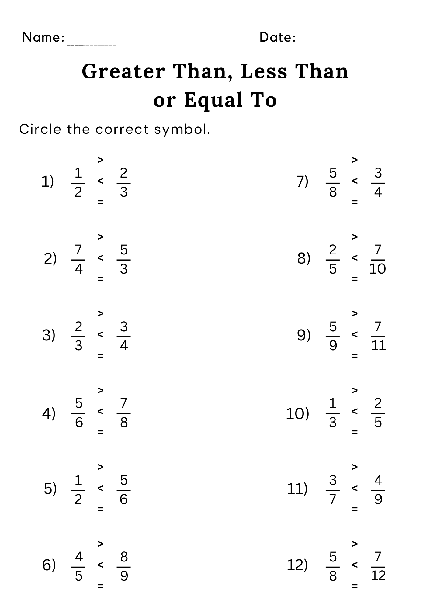 greater than or less than worksheets