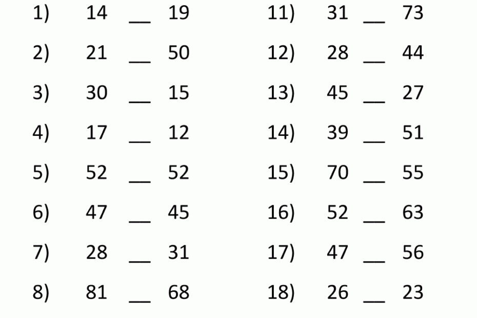 Greater Than Less Than Worksheet Comparing Numbers To 100