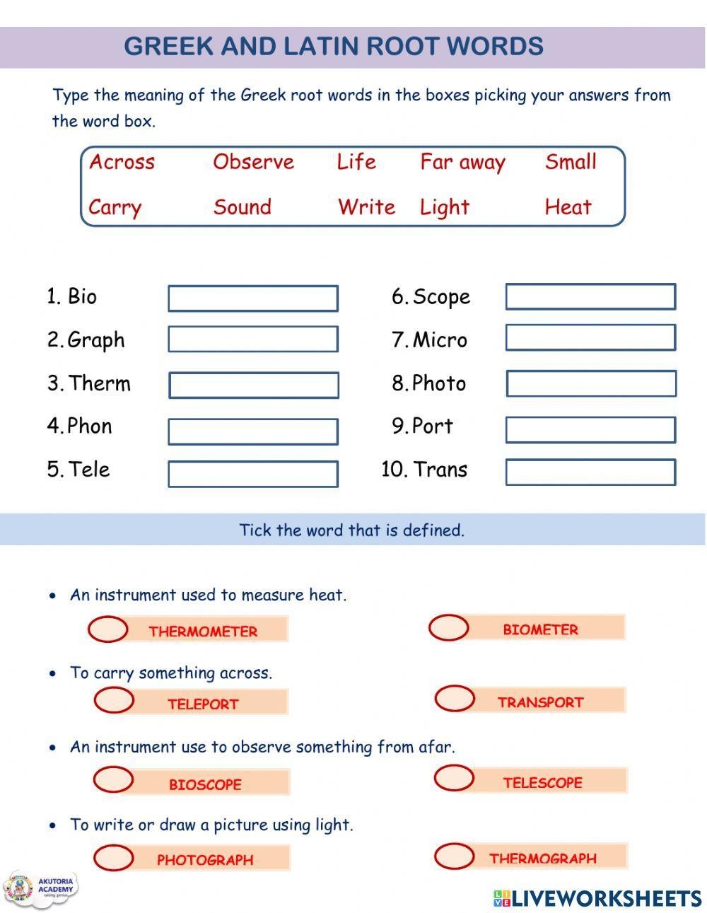 greek and latin root words worksheet
