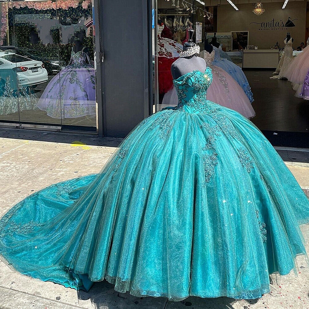 Green Quinceanera Dresses Sweet 15 16 Off Shoulder 3D Flowers Party Ball Gowns