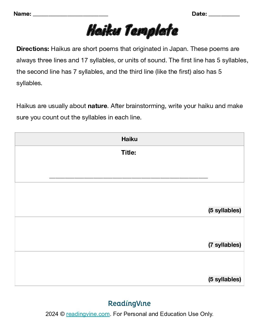 Haiku Poem Template ReadingVine