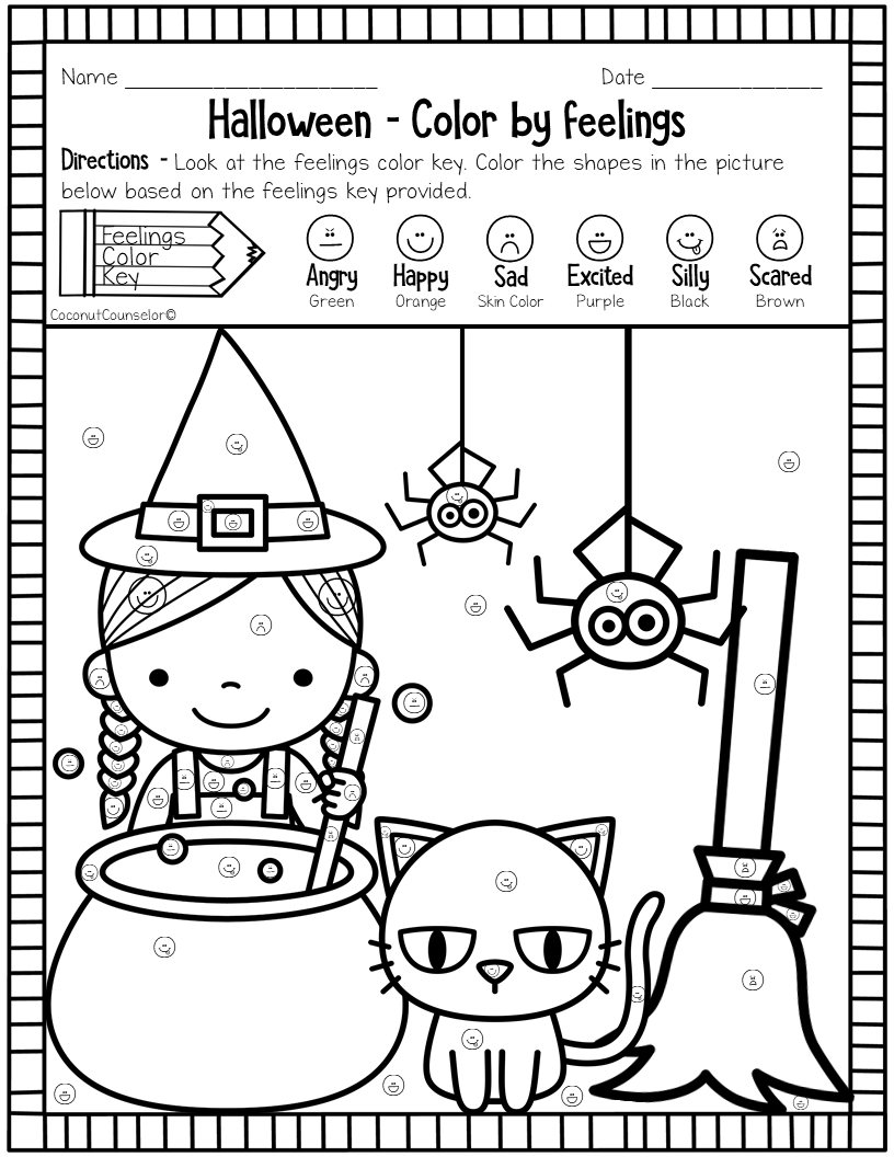Halloween Color By Feeling Worksheets Identifying Emotions SEL 