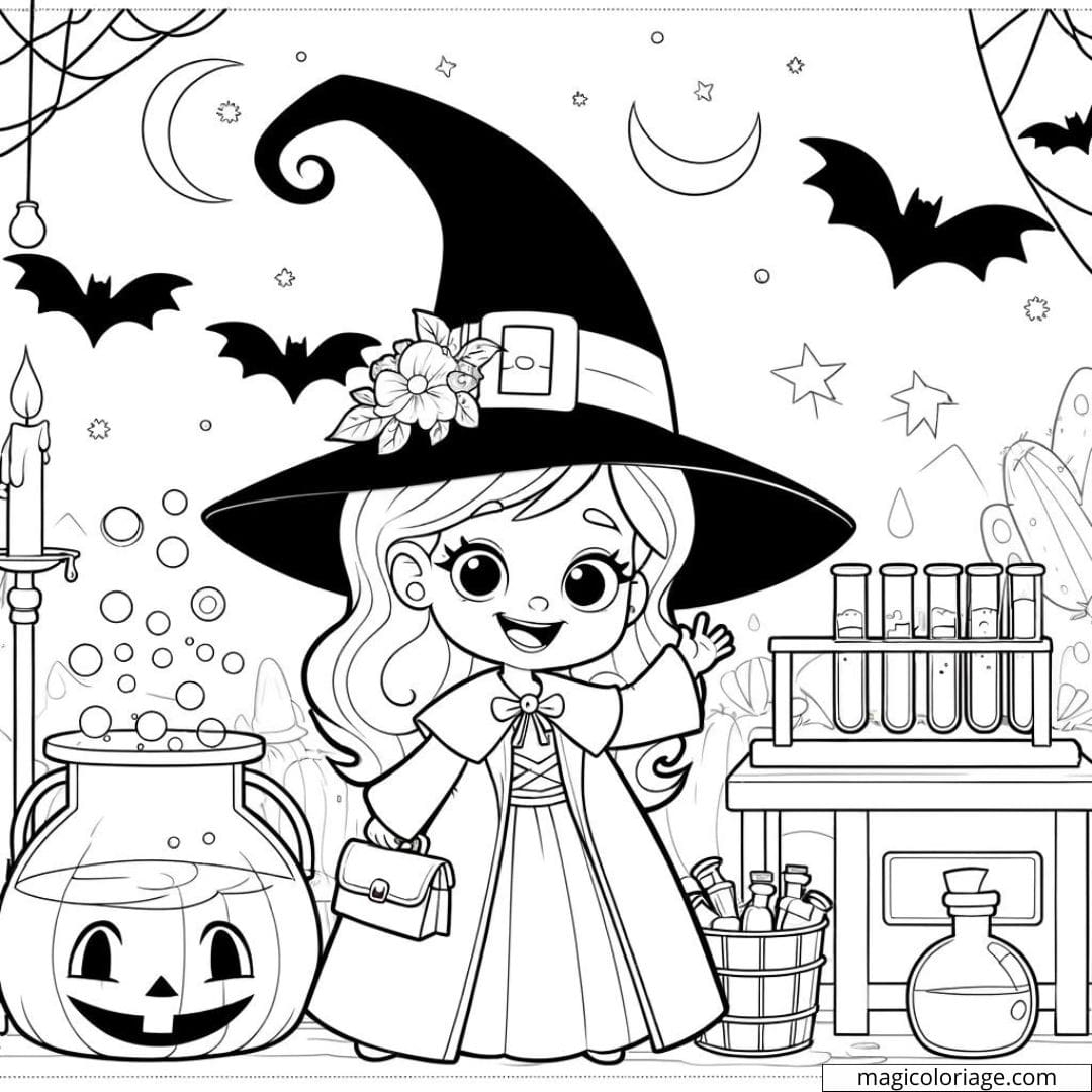 Halloween Coloring Of Witch In Her Laboratory Free Drawing
