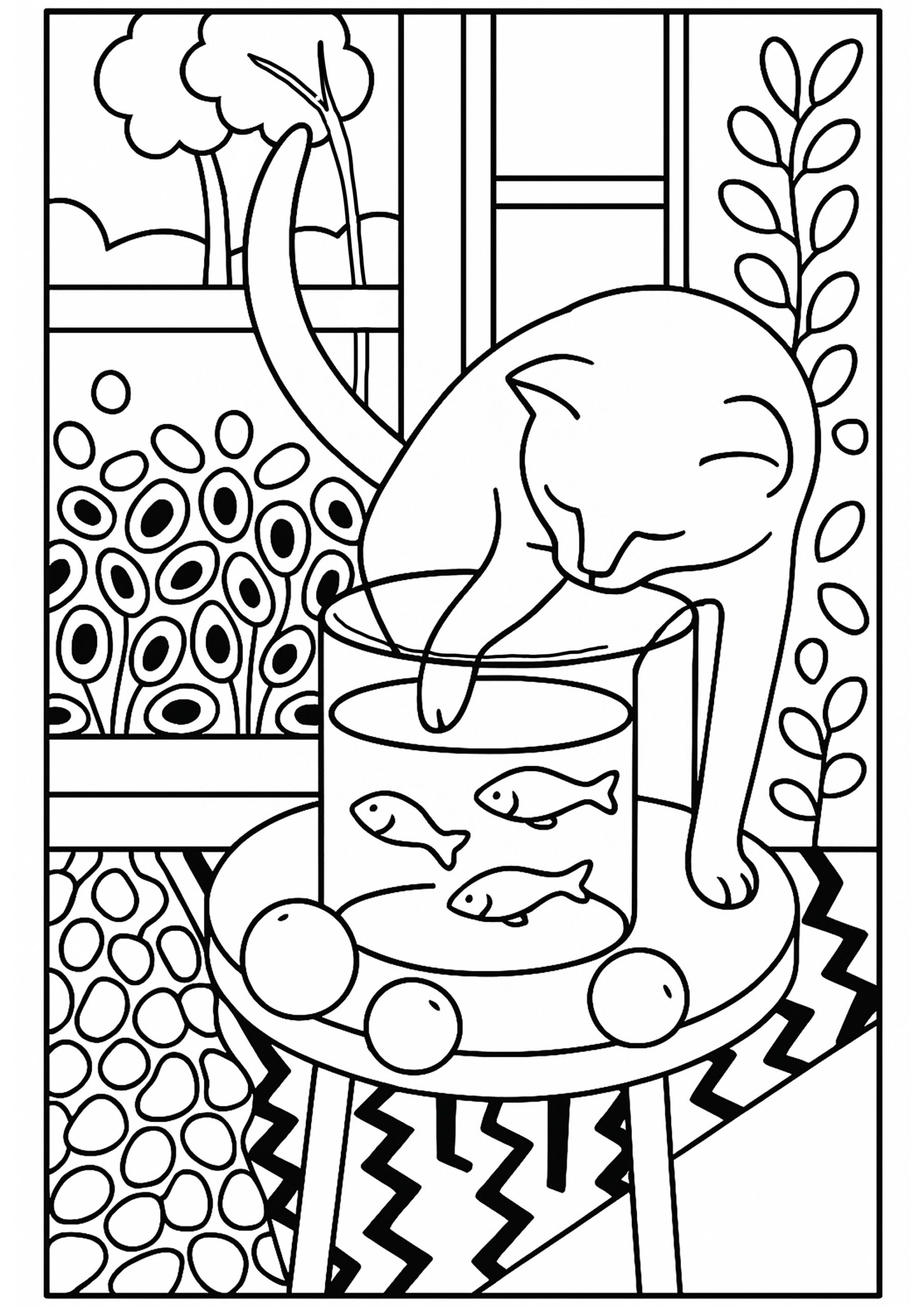 Henti Matisse The Cat With The Goldfish 1914 Masterpiece Coloring Pages For Adults