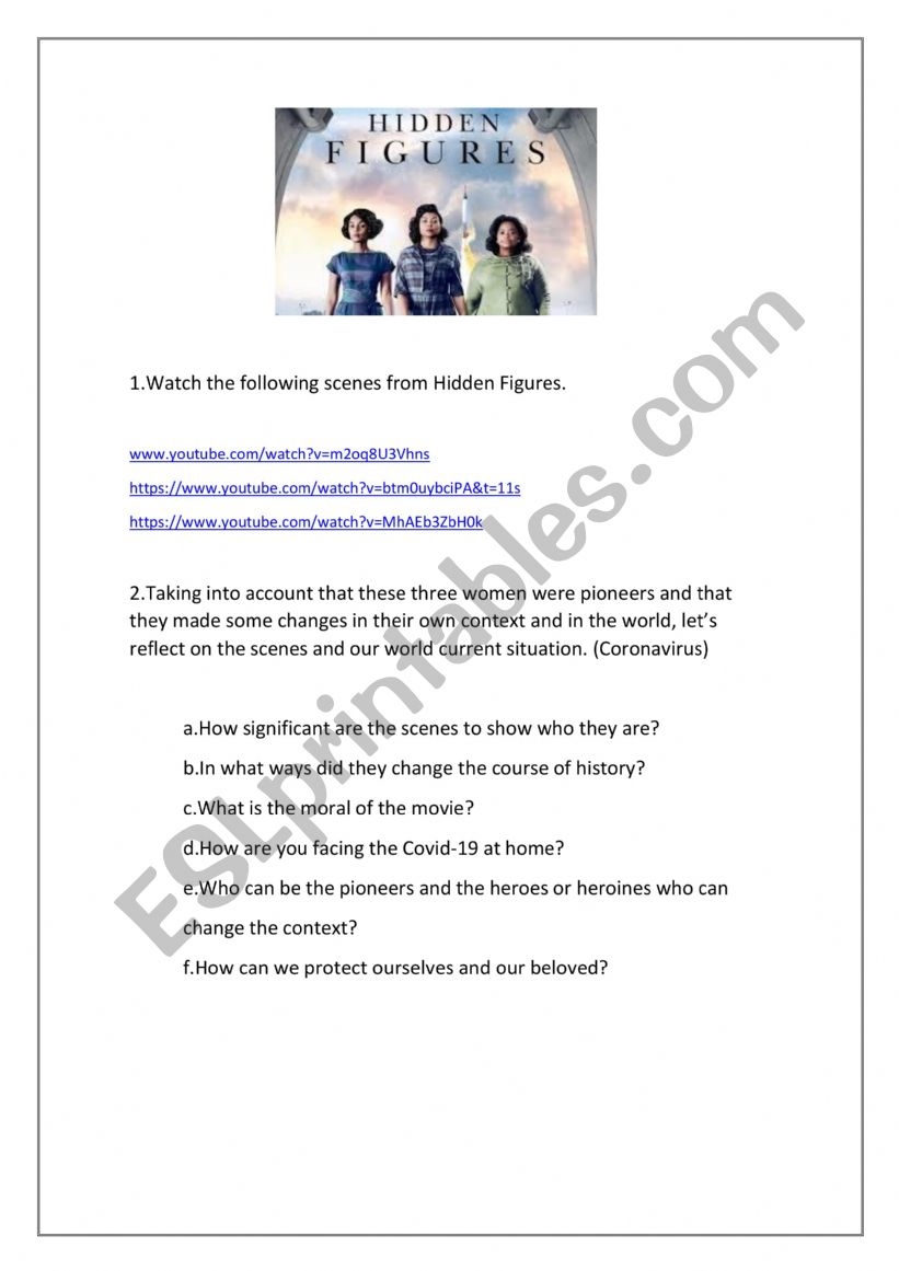 Hidden Figures ESL Worksheet By Letude
