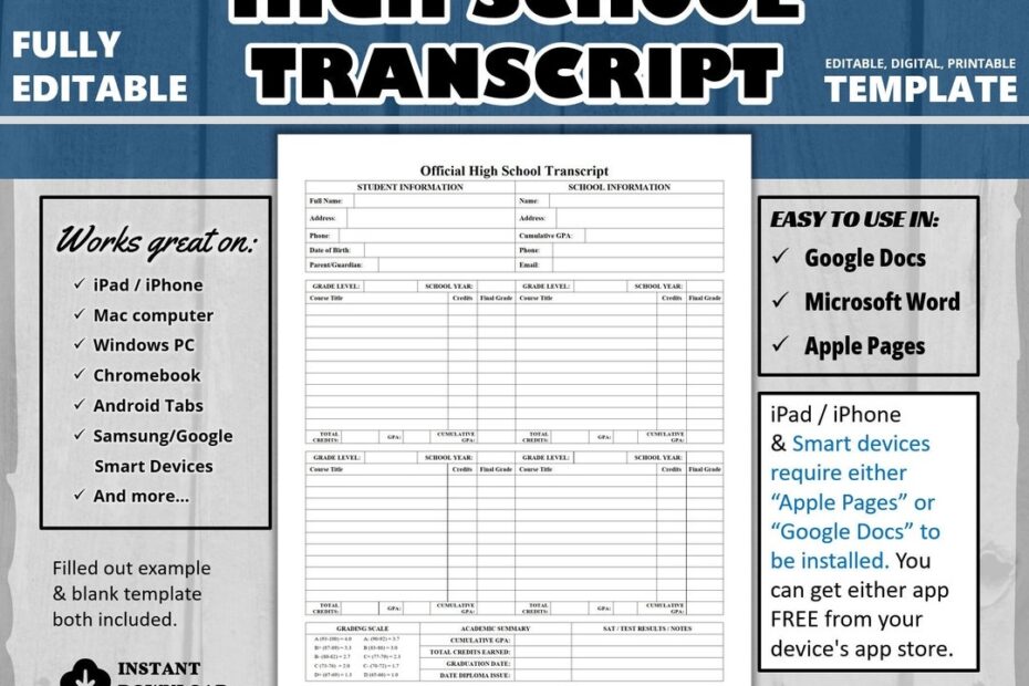 High School Transcript Template Google Docs Editable High School Transcript Template Fillable PDF DIY Homeschool High School Transcript Etsy