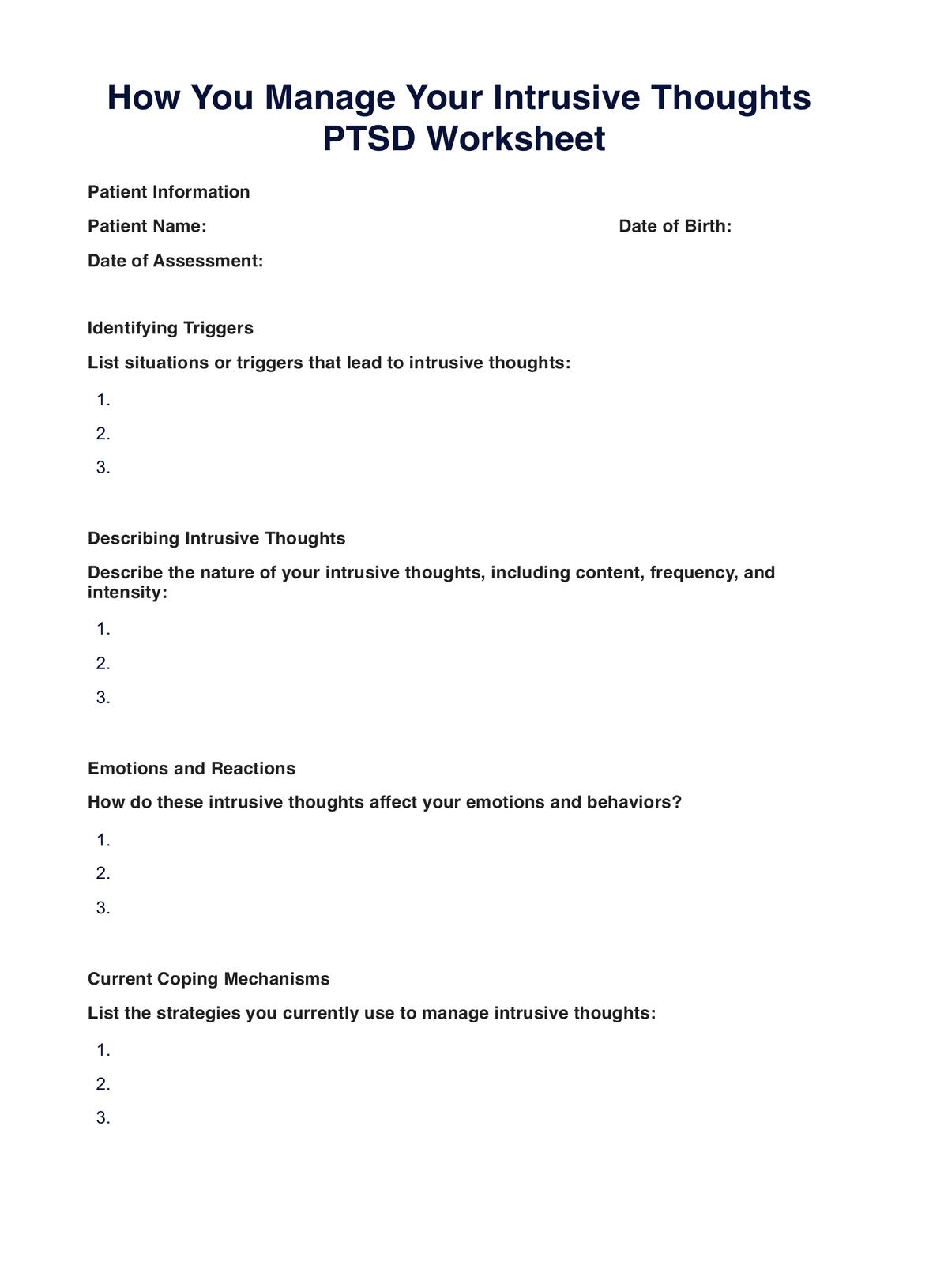 How You Manage Your Intrusive Thoughts PTSD Worksheet U0026 Example 