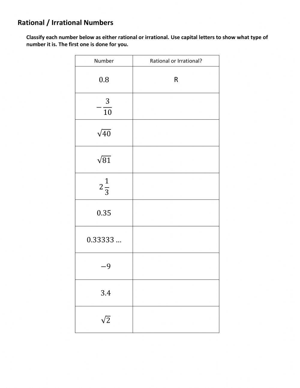 Identifying Rational And Irrational Numbers Online Exercise For 