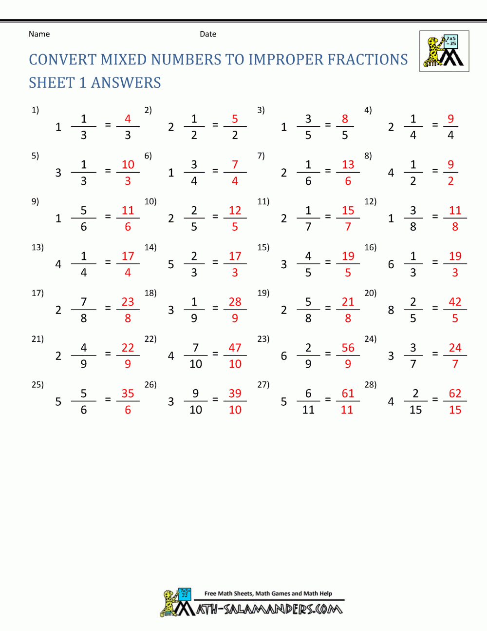 mixed numbers worksheets