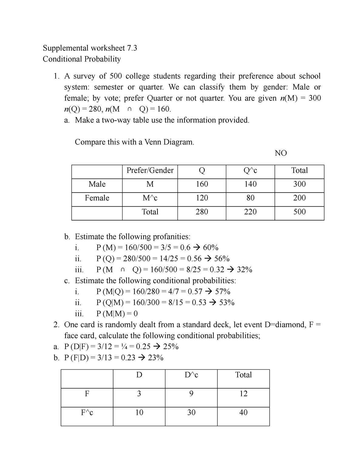 In Class 7 3 Conditional Probability Supplemental Worksheet 7 