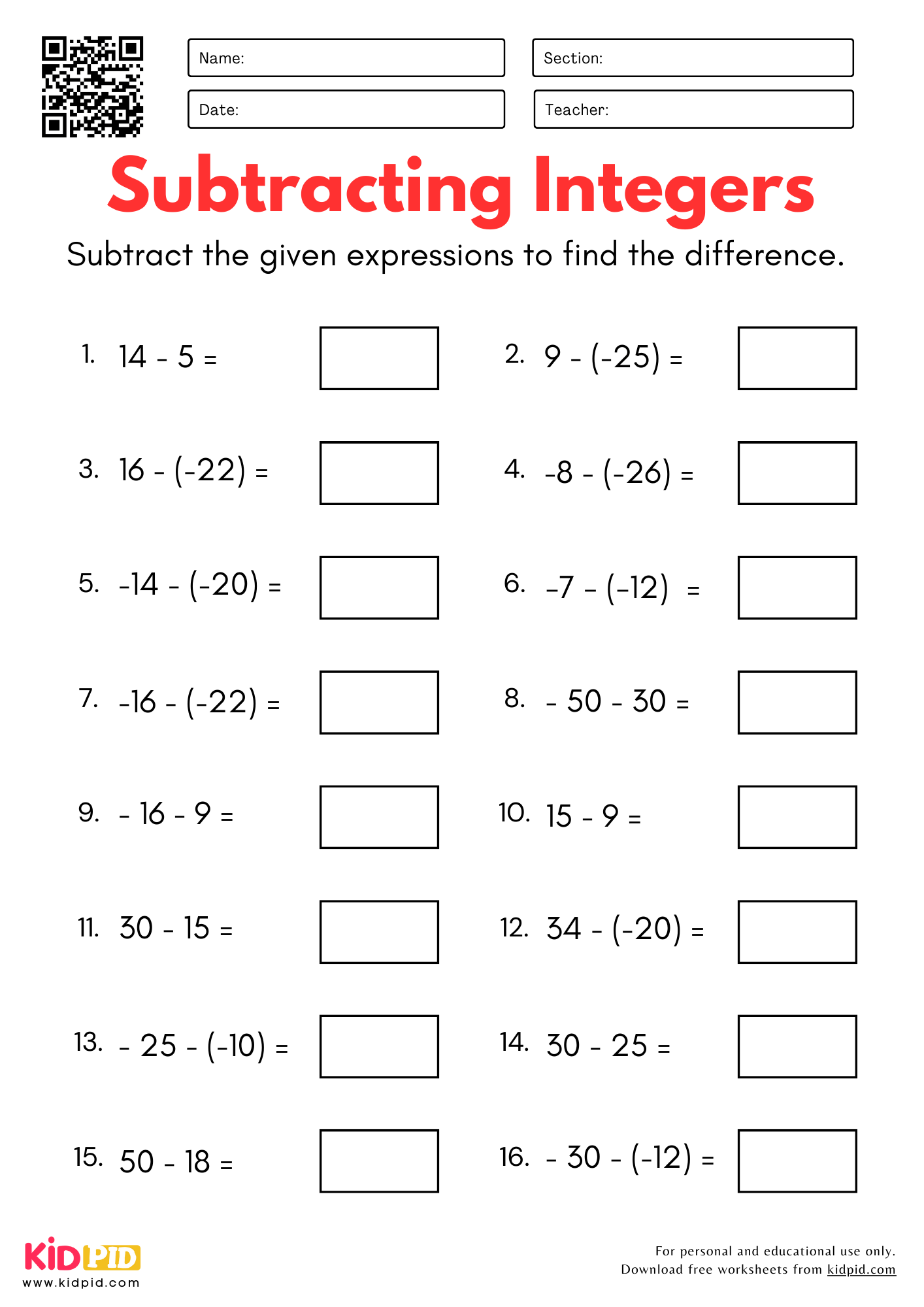 Integers Worksheet For Grade 5 Kidpid