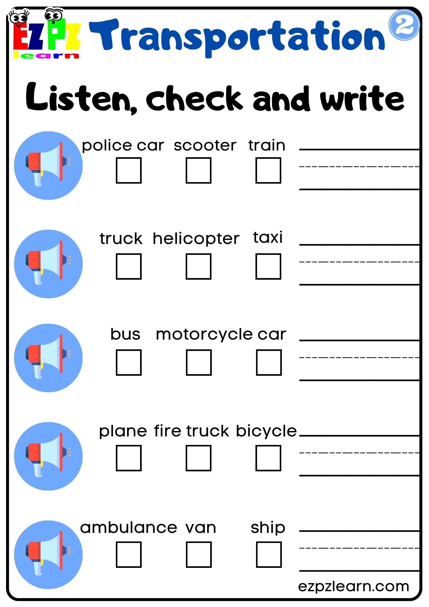 Interactive Worksheet For Transportation Listen Check And Write The Words Activity For Kids G2 Ezpzlearn