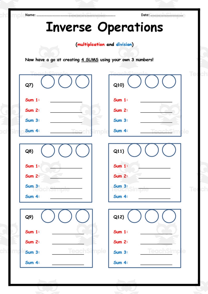 Inverse Operations Multiplication And Division Worksheet