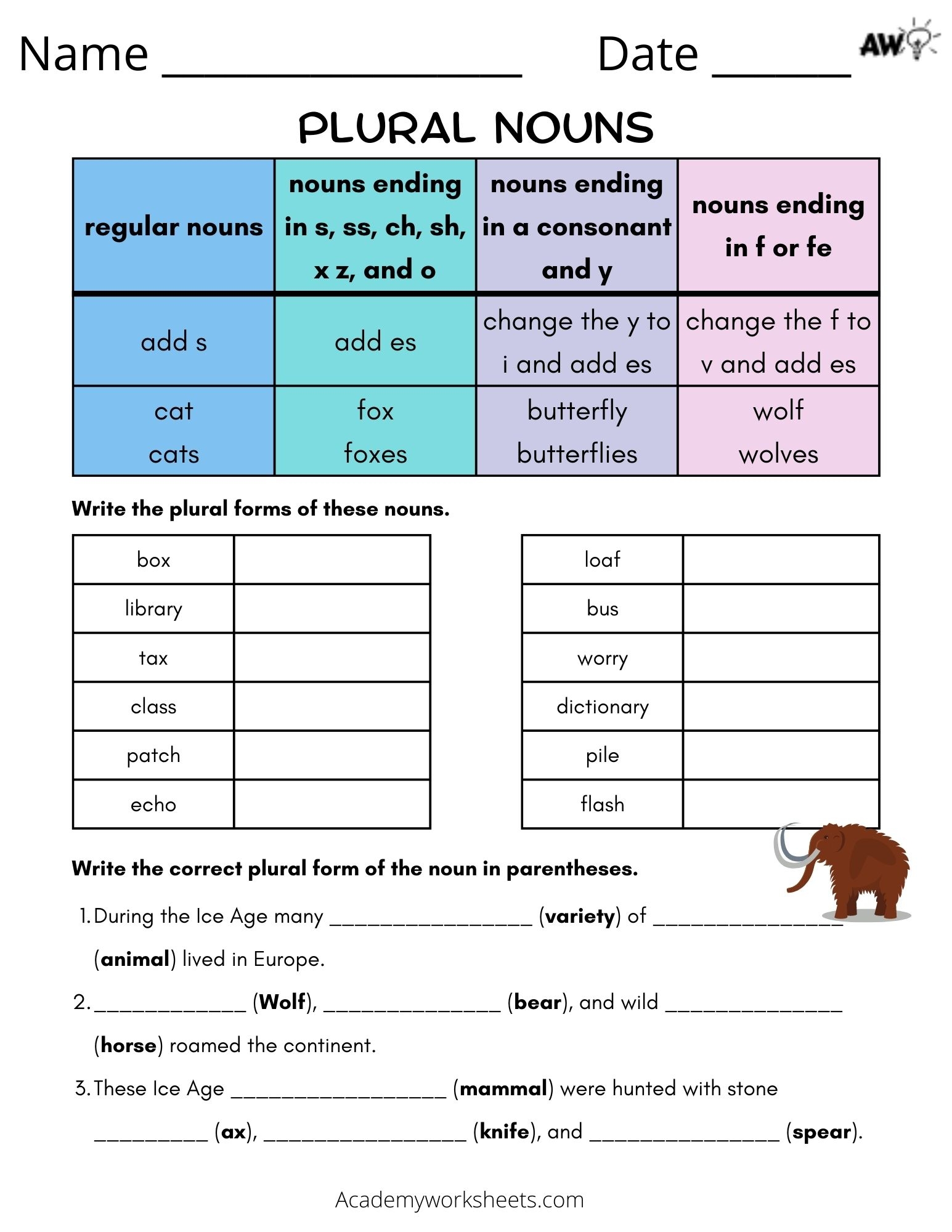 plural nouns worksheet