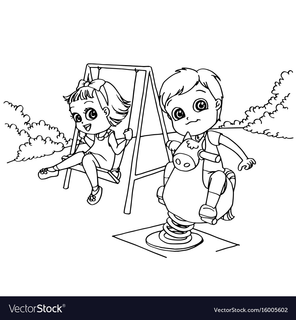 Kids At The Playground Cartoon Coloring Page Vector Image