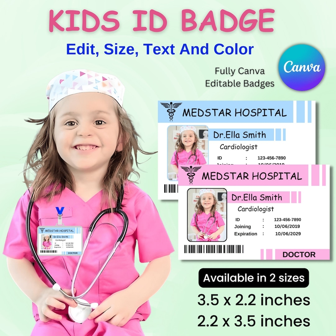 Kids Doctor ID Name Badge Doctor Badge Nurse Name Badge Medical ID Badge Editable Doctor Badge Pretend Play ID Card Template Etsy
