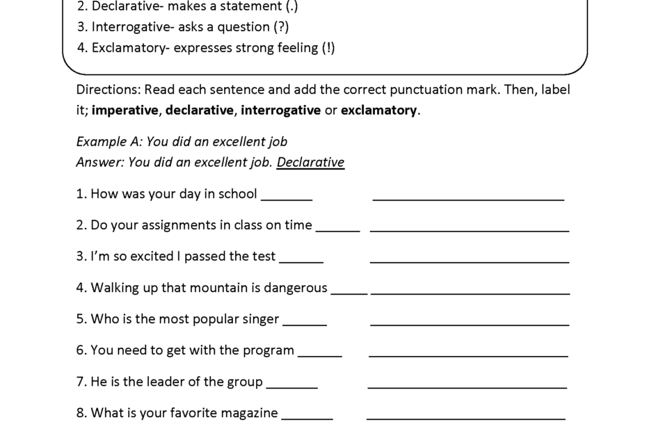 Kinds Of Sentences Worksheets Practicing Four Kinds Of Sentences