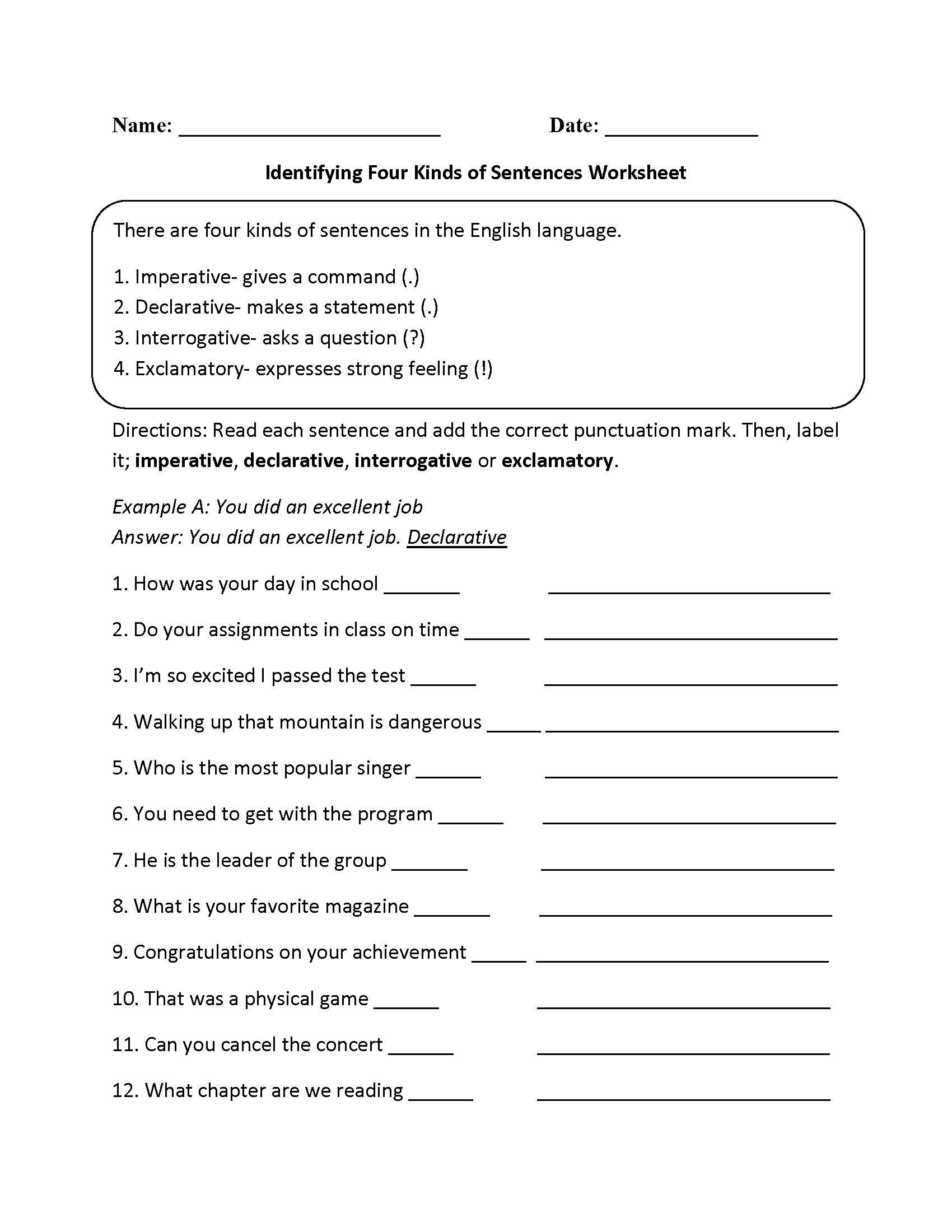 Kinds Of Sentences Worksheets Practicing Four Kinds Of Sentences 