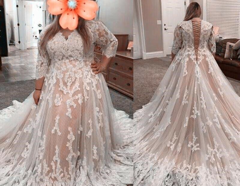 Lace up Back Champagne Wedding Dresses Plus Size V Neck Long Sleeves Sweep Train