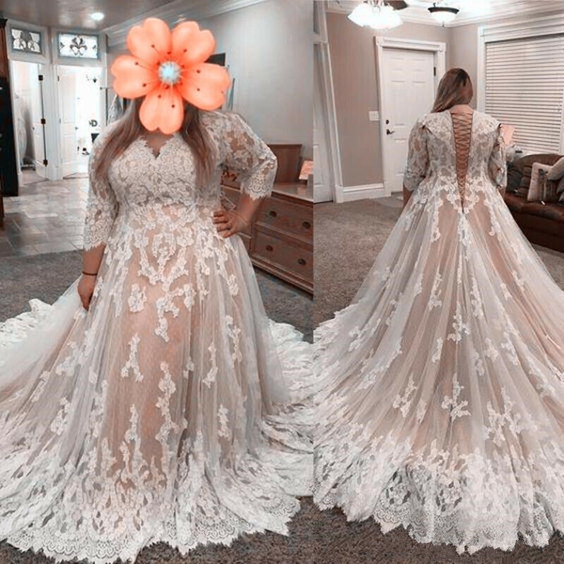 Lace up Back Champagne Wedding Dresses Plus Size V Neck Long Sleeves Sweep Train