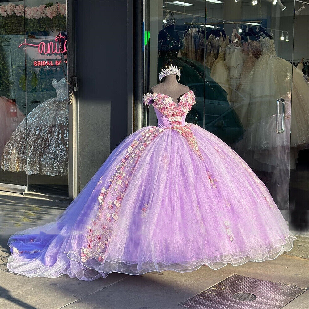 Lavender Quinceanera Dresse Off Shoulder 3D Flowers Sweet 16 Party 