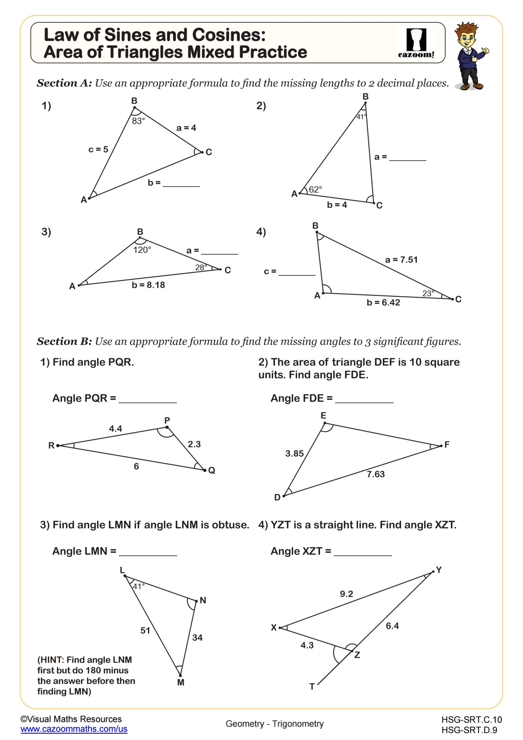 Law Of Sines And Cosines Area Of Triangles Mixed Practice 