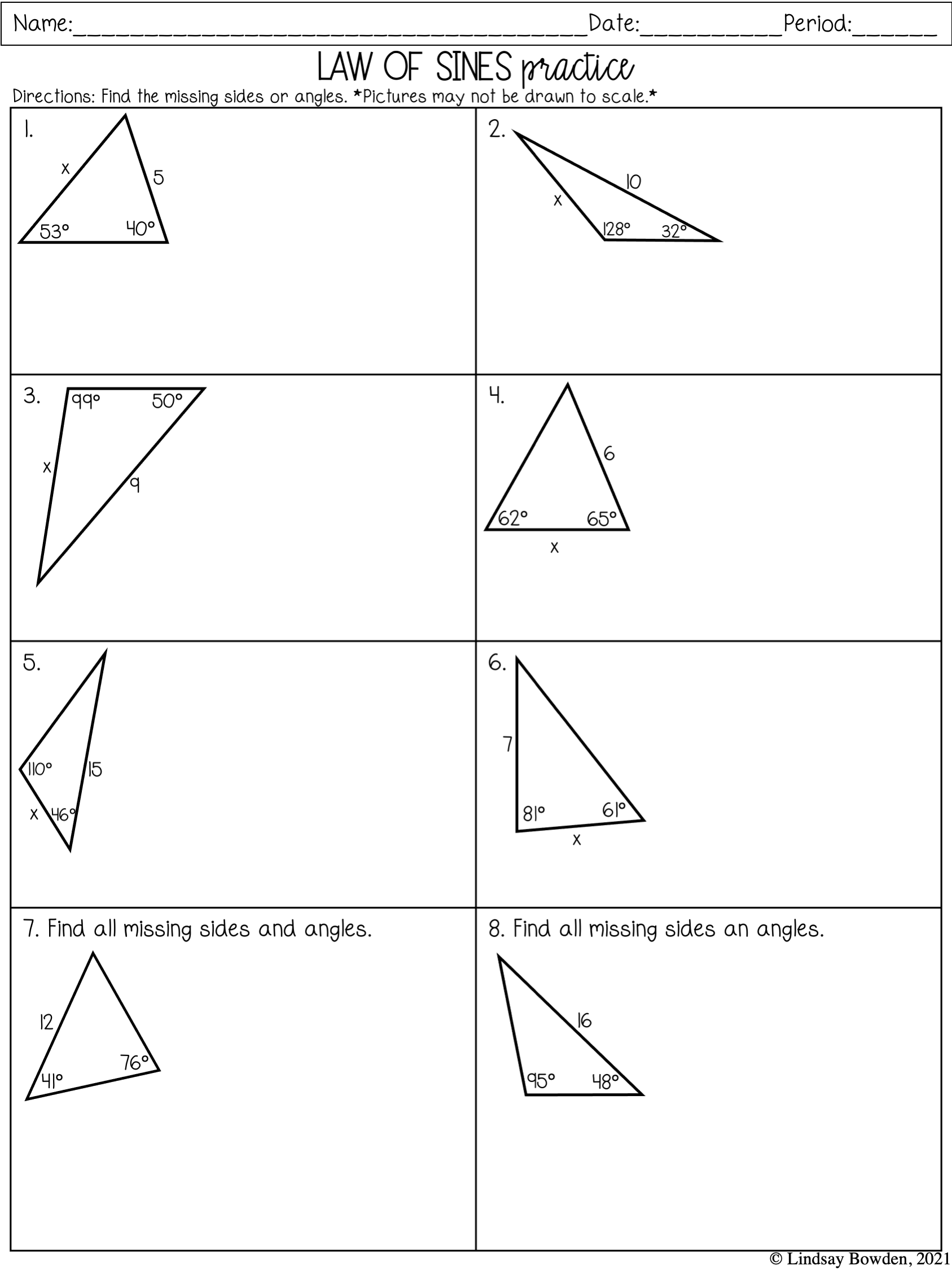 Law Of Sines And Cosines Notes And Worksheets Lindsay Bowden 