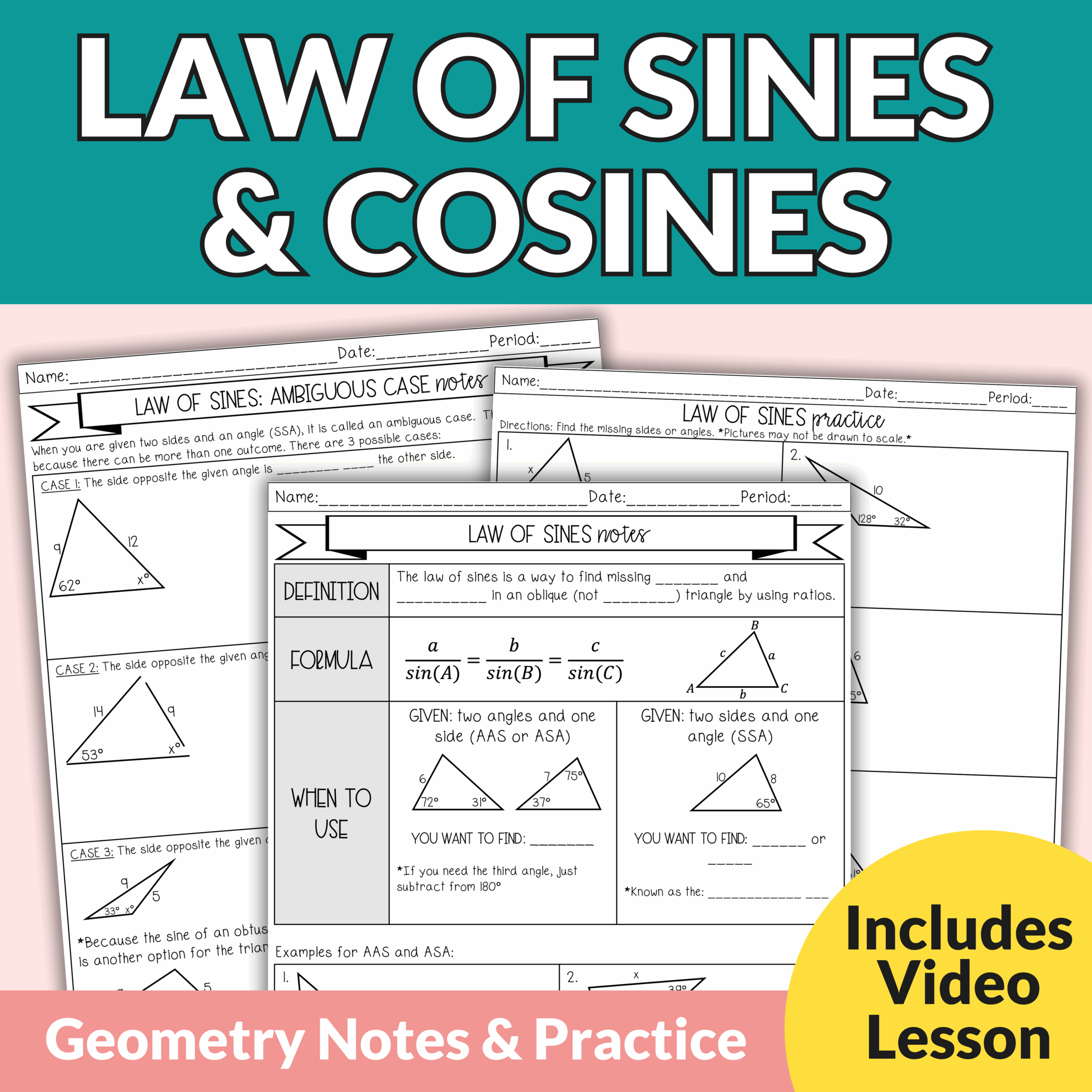Law Of Sines And Cosines Triangle Area Notes And Worksheets For 