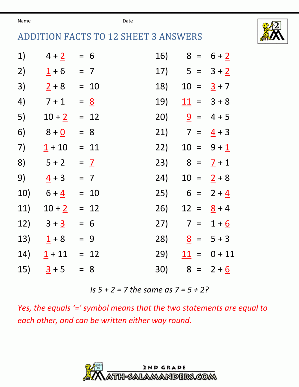 addition facts worksheets