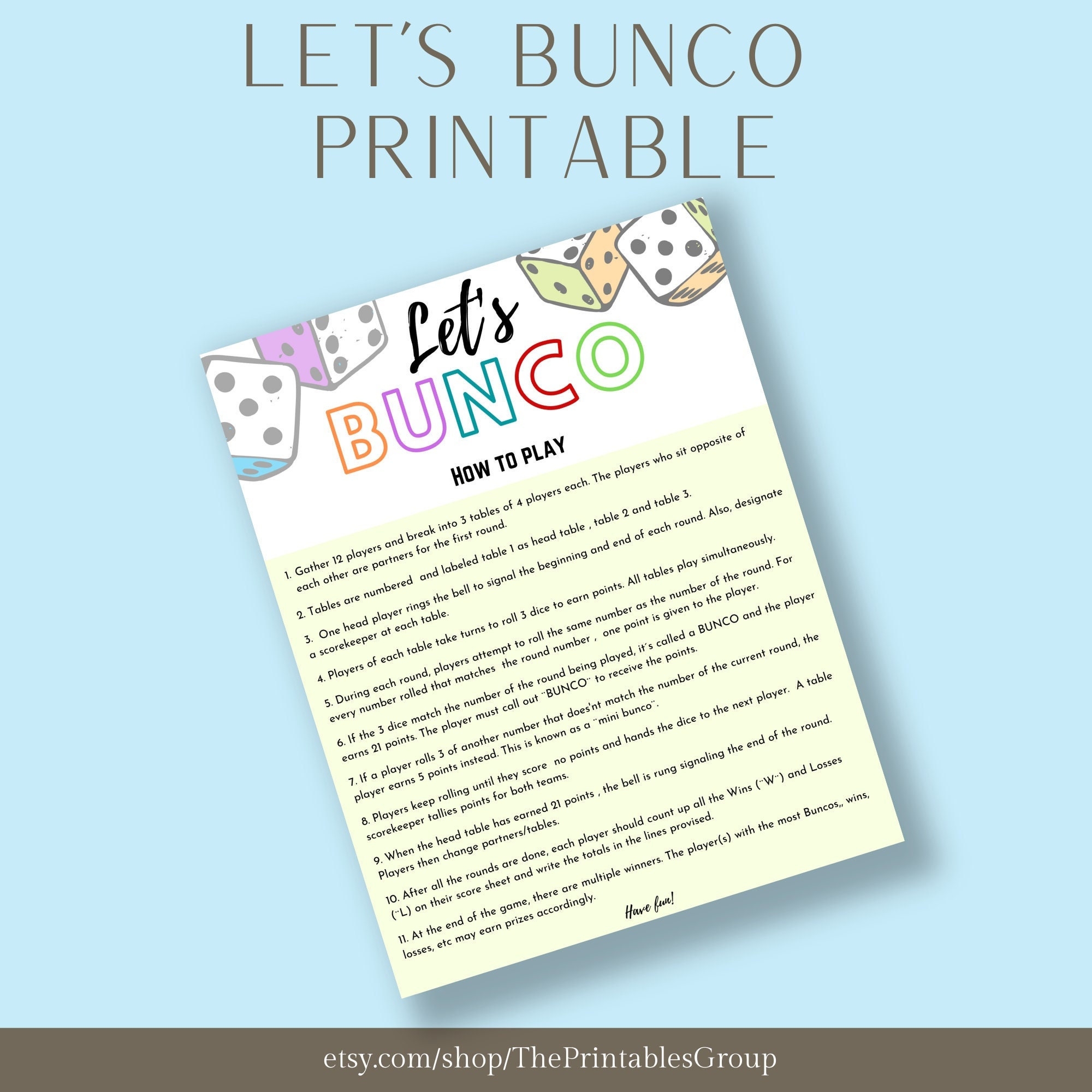 Let s Bunco Game Printable Dice Party Game For Family And Friends Bunco Score Card Bunco Tally Sheet Bunco Instructions Bunco Dice Etsy